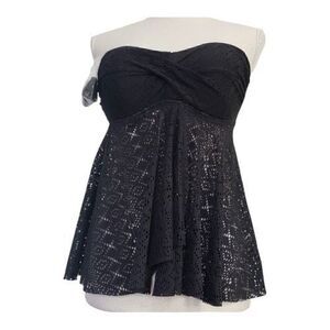 Kona Sol Black Mesh Semi Sheer Tankini Top Size S Swimwear Halter Strapless